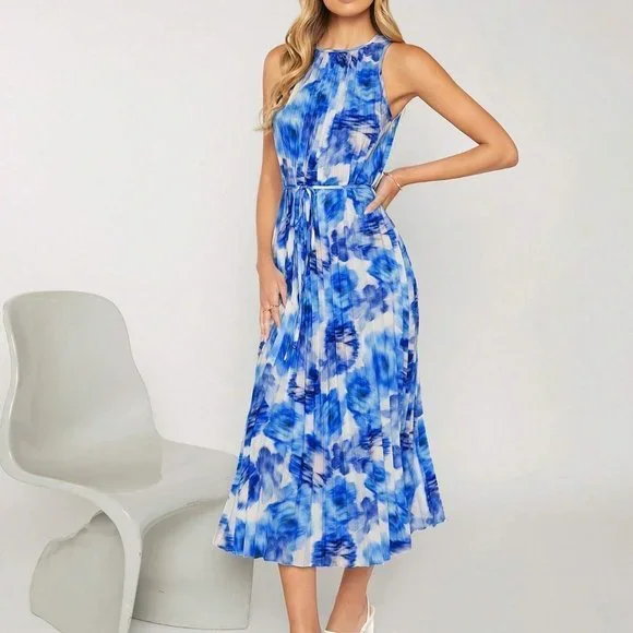Blue Boho Womens Allover Print Pleated Belted Dress - Picture 5 of 5
